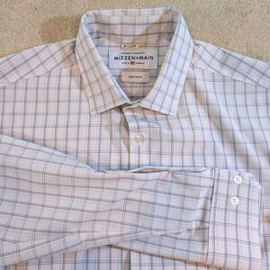 Mizzen+Main Leeward Dress Shirt Mens Large Trim Fit White Blue Windowpane Plaid